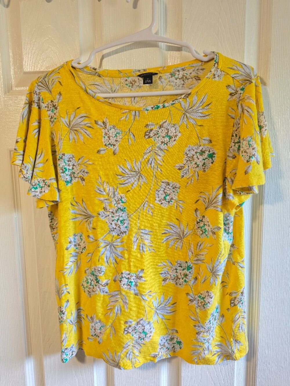 Ann Taylor Bright Yellow Floral Print Linen Flutter Sleeve Top - Size M